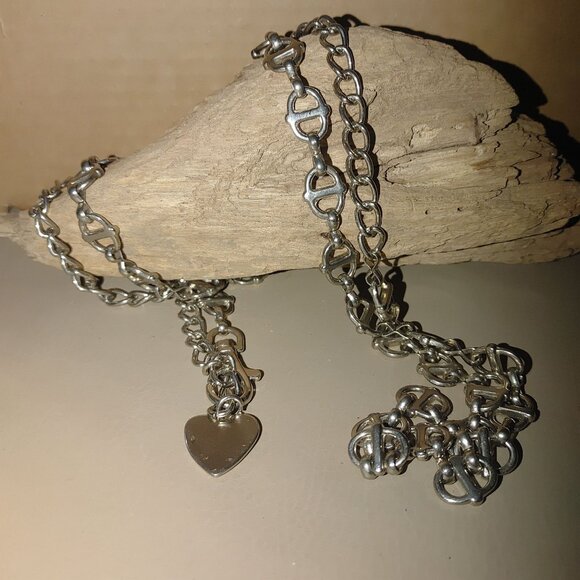 Large Marine Anchor Link Belt Vintage Silver Tone Chain Heart Pendant Hook Clasp - Picture 1 of 6